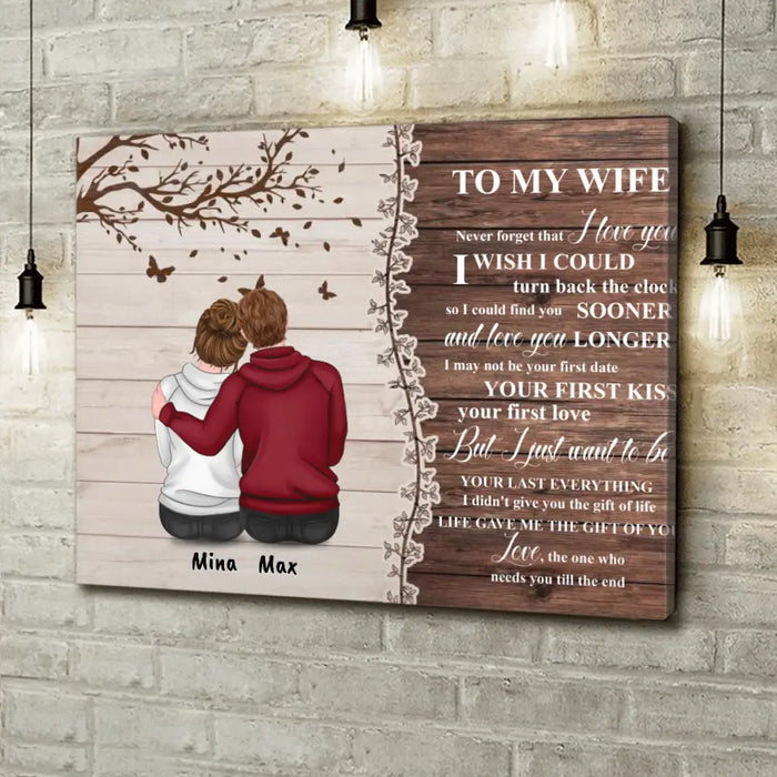 Custom Personalized Half Wood Texture Couple Sitting Back View Canvas - Gift For Him/ For Her - To My Wife Never Forget That I Love You