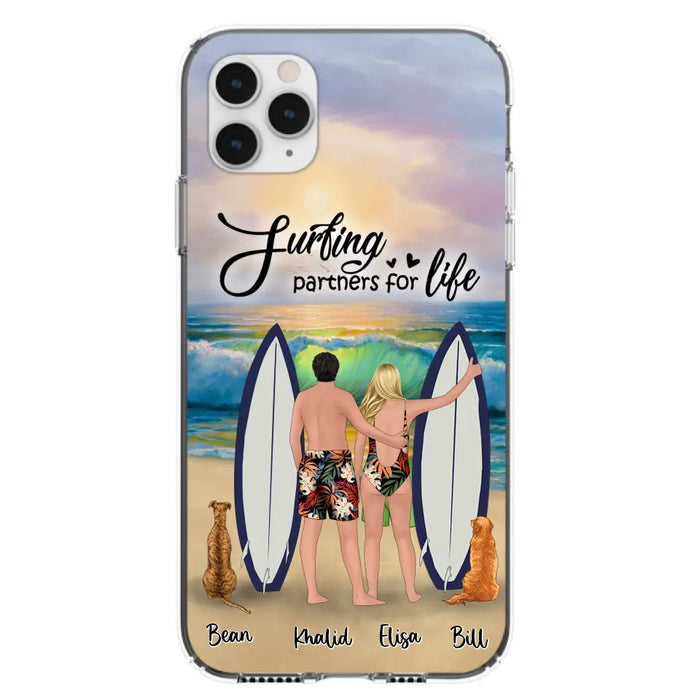 Custom Personalized Surfing Phone Case - Couple And 2 Pets - Phone Case For iPhone and Samsung - Surfing Partners For Life - CCS180