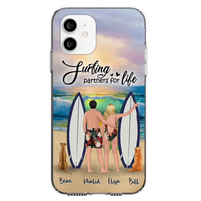 Custom Personalized Surfing Phone Case - Couple And 2 Pets - Phone Case For iPhone and Samsung - Surfing Partners For Life - CCS180