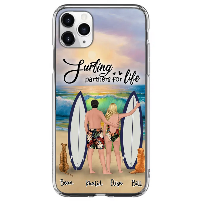 Custom Personalized Surfing Phone Case - Couple And 2 Pets - Phone Case For iPhone and Samsung - Surfing Partners For Life - CCS180