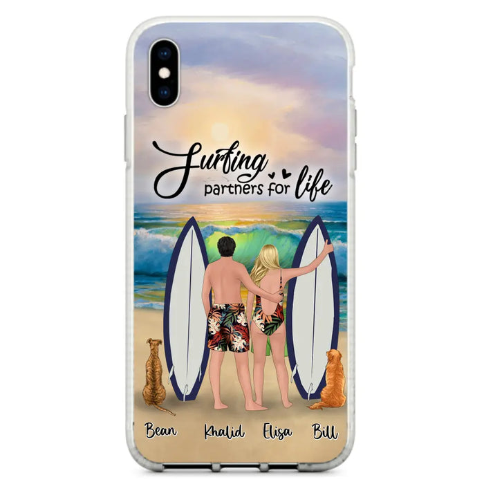 Custom Personalized Surfing Phone Case - Couple And 2 Pets - Phone Case For iPhone and Samsung - Surfing Partners For Life - CCS180