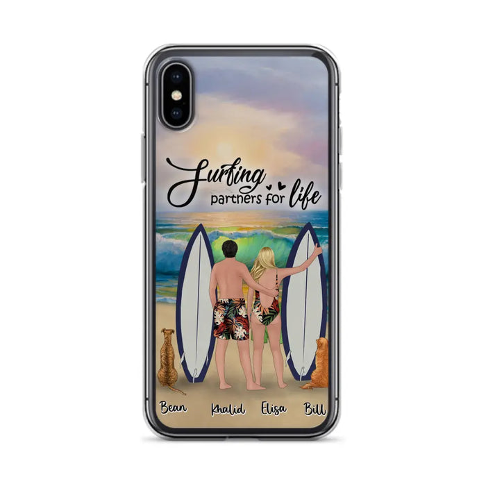 Custom Personalized Surfing Phone Case - Couple And 2 Pets - Phone Case For iPhone and Samsung - Surfing Partners For Life - CCS180