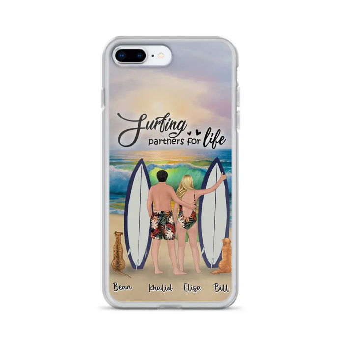 Custom Personalized Surfing Phone Case - Couple And 2 Pets - Phone Case For iPhone and Samsung - Surfing Partners For Life - CCS180