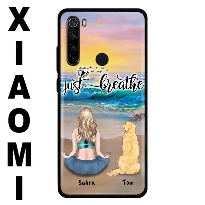 Custom Personalized Yoga Woman & Dog Phone Case - Upto 2 Dogs - Gifts For Yoga/ Dog Lovers - Just Breathe - Case For iPhone, Samsung And Xiaomi - 606HWH