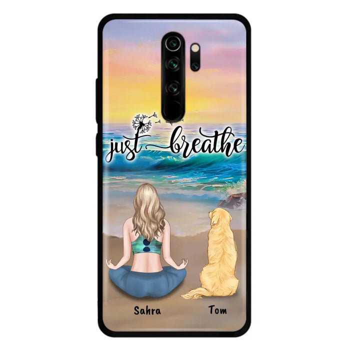 Custom Personalized Yoga Woman & Dog Phone Case - Upto 2 Dogs - Gifts For Yoga/ Dog Lovers - Just Breathe - Case For iPhone, Samsung And Xiaomi - 606HWH