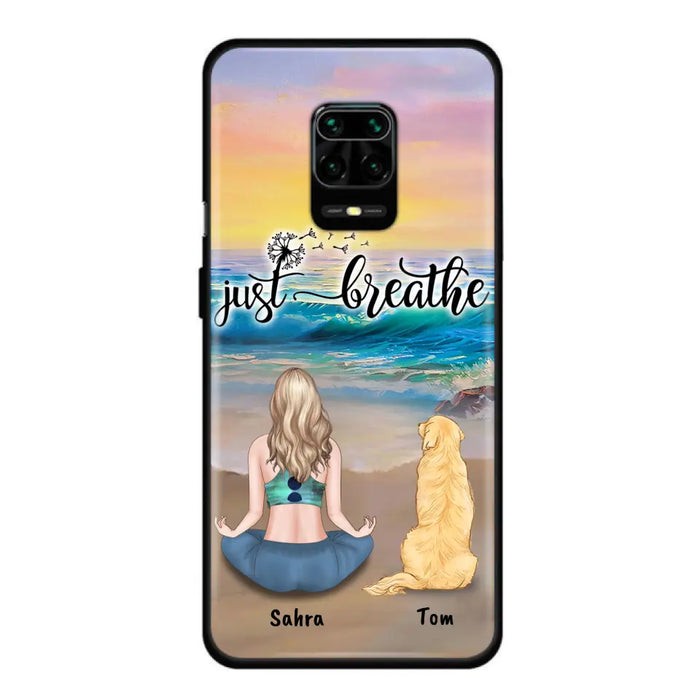 Custom Personalized Yoga Woman & Dog Phone Case - Upto 2 Dogs - Gifts For Yoga/ Dog Lovers - Just Breathe - Case For iPhone, Samsung And Xiaomi - 606HWH