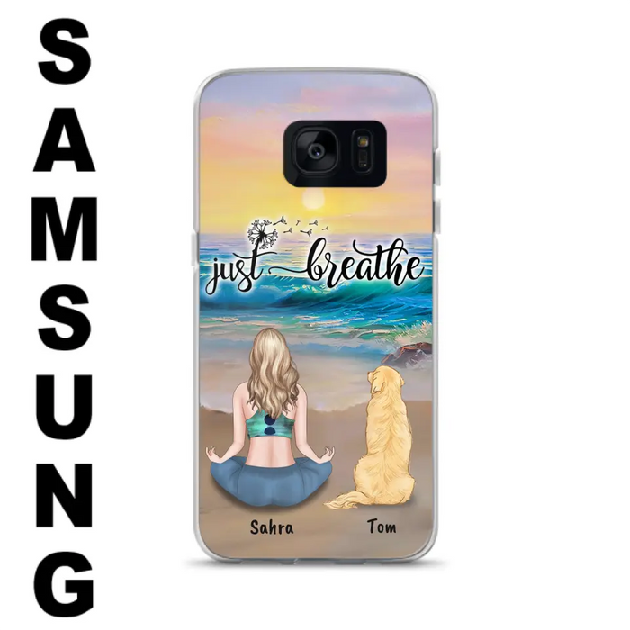 Custom Personalized Yoga Woman & Dog Phone Case - Upto 2 Dogs - Gifts For Yoga/ Dog Lovers - Just Breathe - Case For iPhone, Samsung And Xiaomi - 606HWH