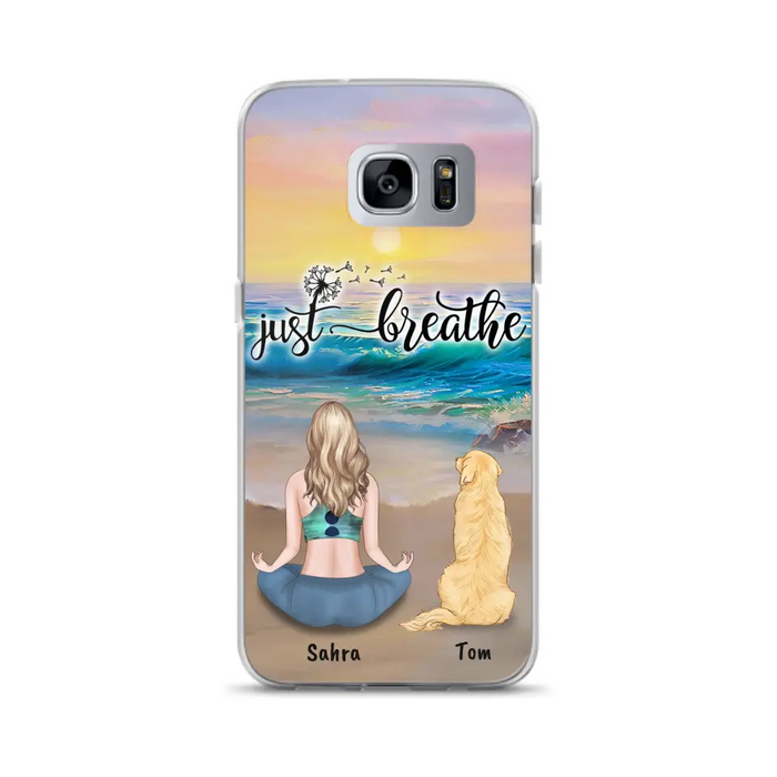 Custom Personalized Yoga Woman & Dog Phone Case - Upto 2 Dogs - Gifts For Yoga/ Dog Lovers - Just Breathe - Case For iPhone, Samsung And Xiaomi - 606HWH