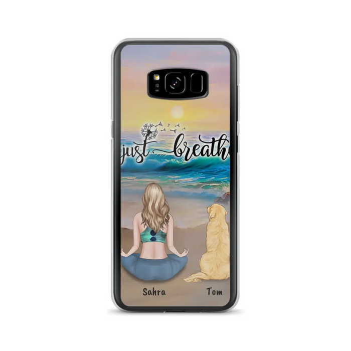 Custom Personalized Yoga Woman & Dog Phone Case - Upto 2 Dogs - Gifts For Yoga/ Dog Lovers - Just Breathe - Case For iPhone, Samsung And Xiaomi - 606HWH