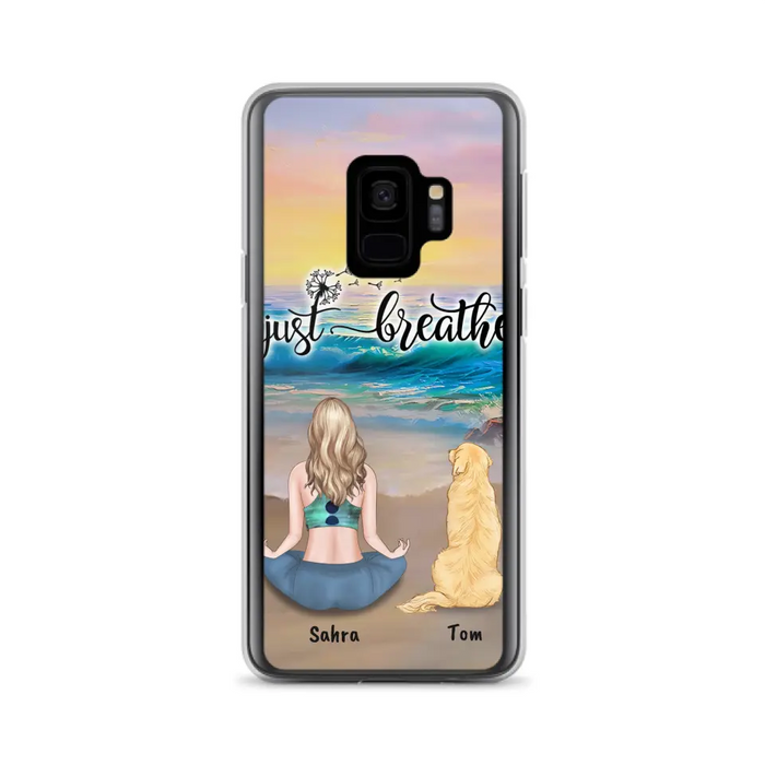 Custom Personalized Yoga Woman & Dog Phone Case - Upto 2 Dogs - Gifts For Yoga/ Dog Lovers - Just Breathe - Case For iPhone, Samsung And Xiaomi - 606HWH