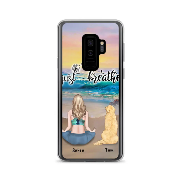 Custom Personalized Yoga Woman & Dog Phone Case - Upto 2 Dogs - Gifts For Yoga/ Dog Lovers - Just Breathe - Case For iPhone, Samsung And Xiaomi - 606HWH