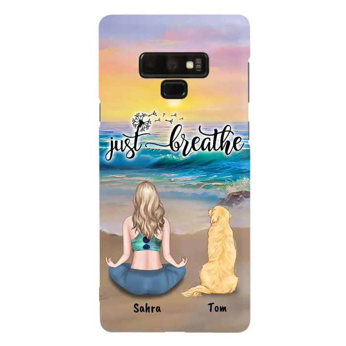 Custom Personalized Yoga Woman & Dog Phone Case - Upto 2 Dogs - Gifts For Yoga/ Dog Lovers - Just Breathe - Case For iPhone, Samsung And Xiaomi - 606HWH