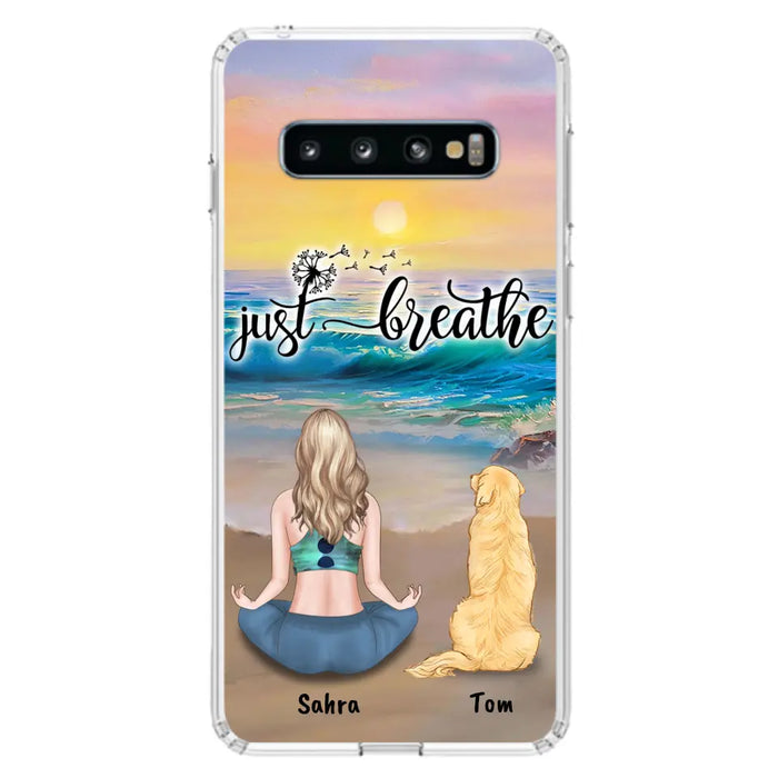 Custom Personalized Yoga Woman & Dog Phone Case - Upto 2 Dogs - Gifts For Yoga/ Dog Lovers - Just Breathe - Case For iPhone, Samsung And Xiaomi - 606HWH