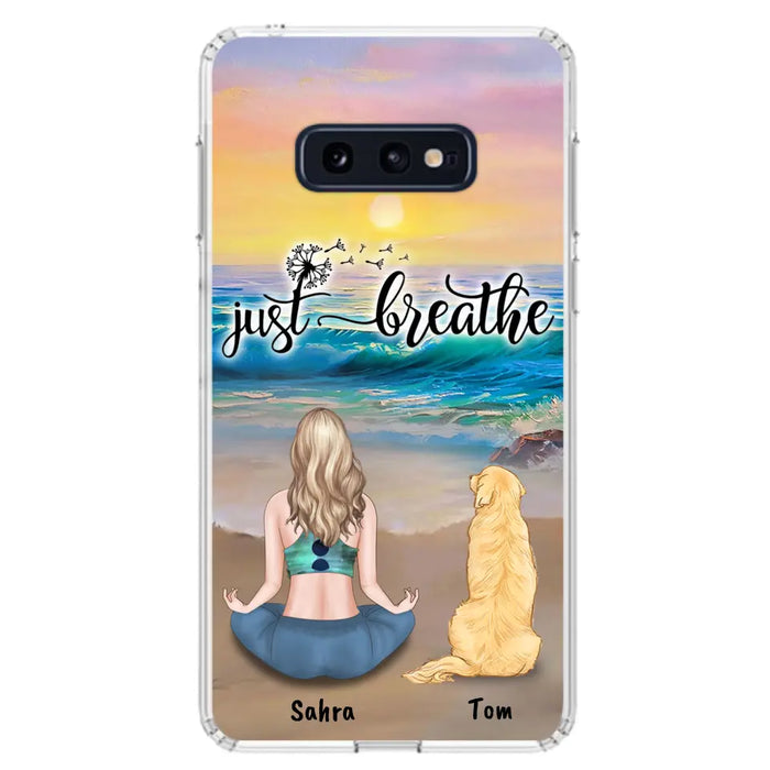 Custom Personalized Yoga Woman & Dog Phone Case - Upto 2 Dogs - Gifts For Yoga/ Dog Lovers - Just Breathe - Case For iPhone, Samsung And Xiaomi - 606HWH