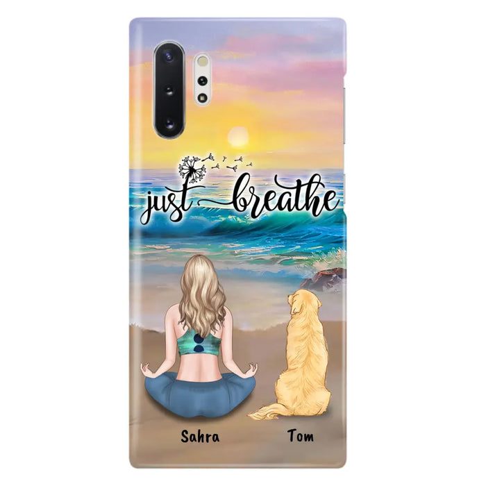 Custom Personalized Yoga Woman & Dog Phone Case - Upto 2 Dogs - Gifts For Yoga/ Dog Lovers - Just Breathe - Case For iPhone, Samsung And Xiaomi - 606HWH