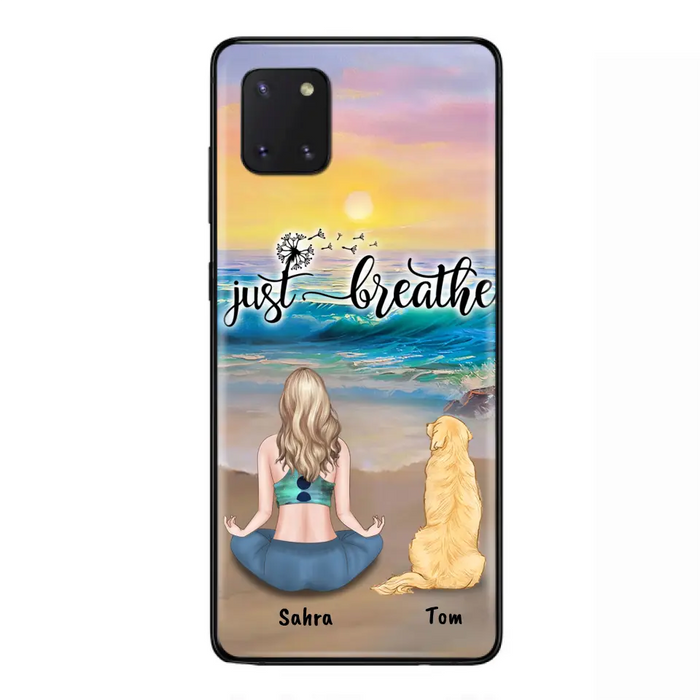 Custom Personalized Yoga Woman & Dog Phone Case - Upto 2 Dogs - Gifts For Yoga/ Dog Lovers - Just Breathe - Case For iPhone, Samsung And Xiaomi - 606HWH