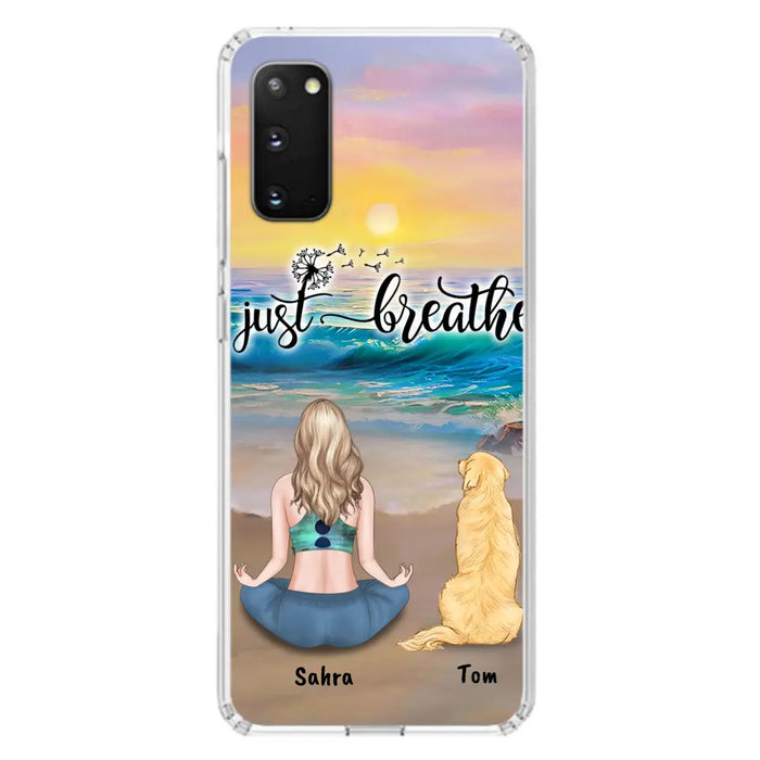 Custom Personalized Yoga Woman & Dog Phone Case - Upto 2 Dogs - Gifts For Yoga/ Dog Lovers - Just Breathe - Case For iPhone, Samsung And Xiaomi - 606HWH