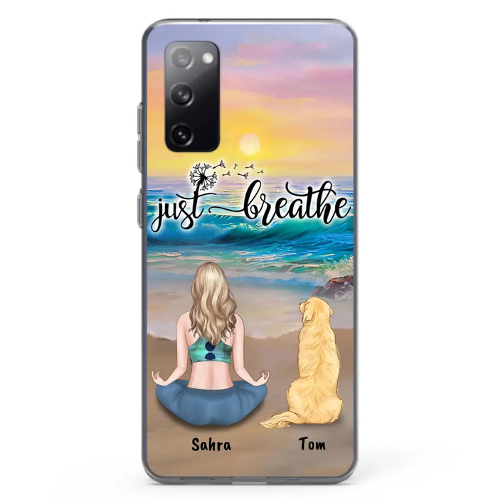 Custom Personalized Yoga Woman & Dog Phone Case - Upto 2 Dogs - Gifts For Yoga/ Dog Lovers - Just Breathe - Case For iPhone, Samsung And Xiaomi - 606HWH