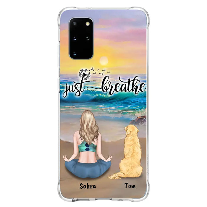 Custom Personalized Yoga Woman & Dog Phone Case - Upto 2 Dogs - Gifts For Yoga/ Dog Lovers - Just Breathe - Case For iPhone, Samsung And Xiaomi - 606HWH