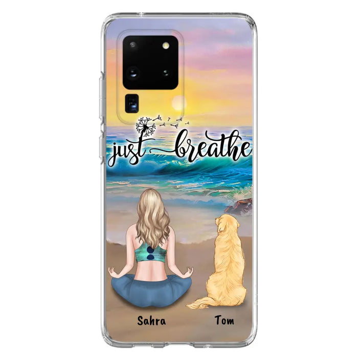 Custom Personalized Yoga Woman & Dog Phone Case - Upto 2 Dogs - Gifts For Yoga/ Dog Lovers - Just Breathe - Case For iPhone, Samsung And Xiaomi - 606HWH