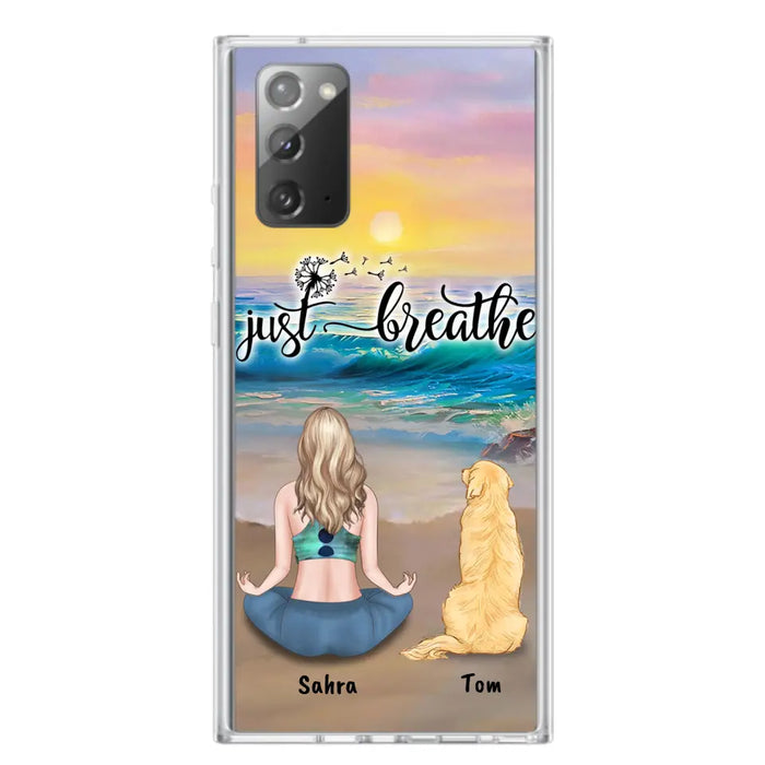 Custom Personalized Yoga Woman & Dog Phone Case - Upto 2 Dogs - Gifts For Yoga/ Dog Lovers - Just Breathe - Case For iPhone, Samsung And Xiaomi - 606HWH