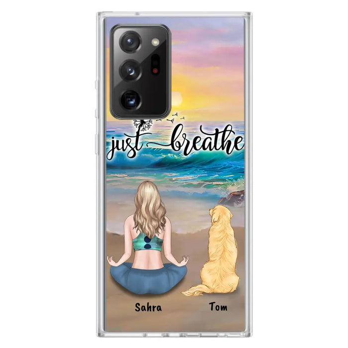 Custom Personalized Yoga Woman & Dog Phone Case - Upto 2 Dogs - Gifts For Yoga/ Dog Lovers - Just Breathe - Case For iPhone, Samsung And Xiaomi - 606HWH