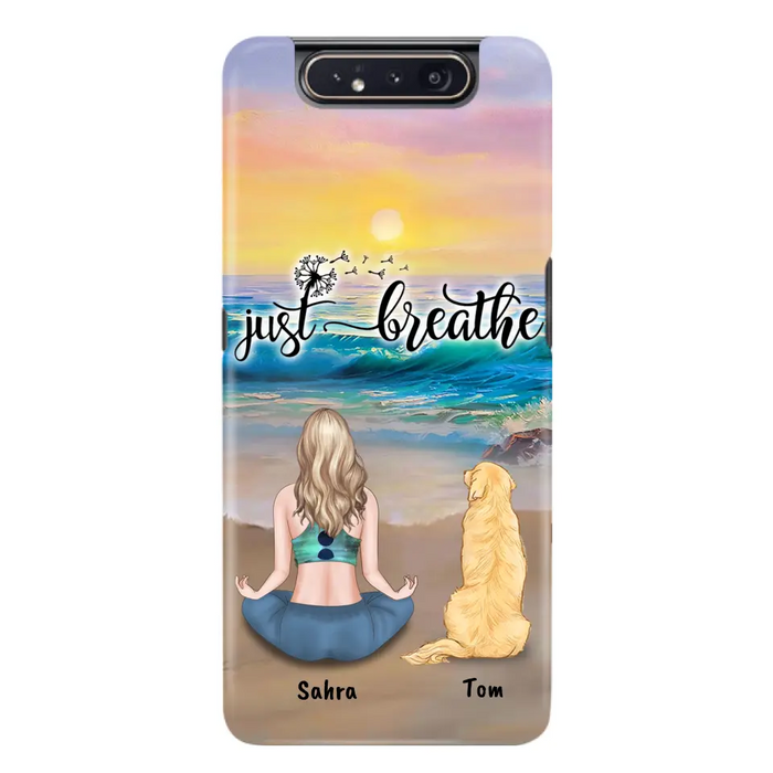 Custom Personalized Yoga Woman & Dog Phone Case - Upto 2 Dogs - Gifts For Yoga/ Dog Lovers - Just Breathe - Case For iPhone, Samsung And Xiaomi - 606HWH