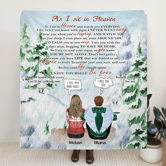 Custom Personalized Memorial Blanket - Up to 4 People & 2 Pets - As I Sit In Heaven
