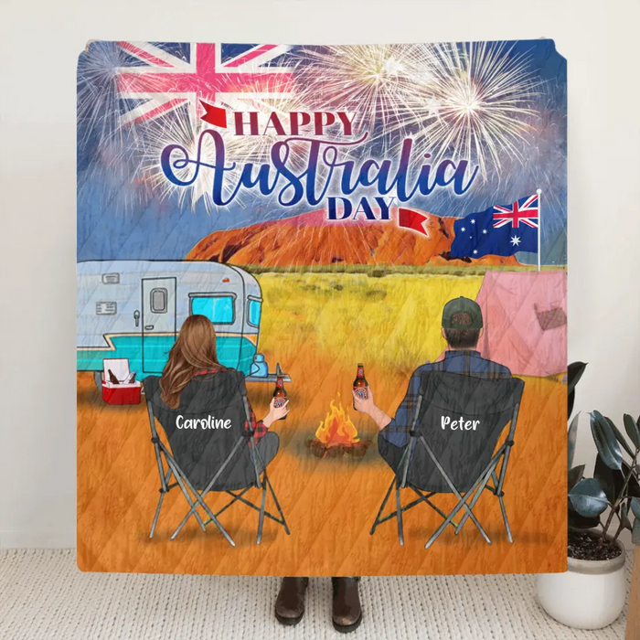 Custom Personalized Camping Happy Australia Day Quilt/ Fleece Blanket - Couple/ Parents With Upto 3 Kids And 4 Pets - Gift Idea For Camping Lover