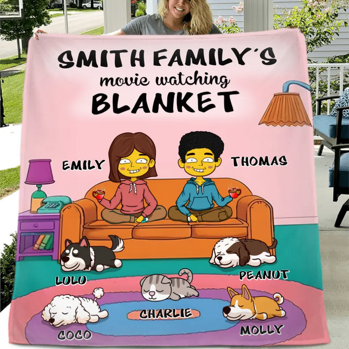 Custom Personalized Couple Quilt/Fleece Blanket - Upto 5 Pets - Valentine Gift For Couple/Dog/Cat Lovers - Movie Watching Blanket