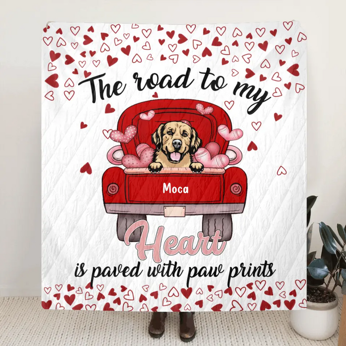 Custom Personalized Dog Quilt/ Fleece Blanket - Upto 5 Dogs - Gift Idea For Dog Lover - The Road To My Heart Is Paved With Paw Prints