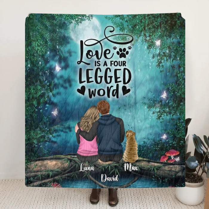 Custom Personalized Couple And Dogs Quilt/Fleece Blanket - Couple With Upto 5 Dogs - Gift Idea For Couple/Dog Lover - Love Is A Four Legged Word