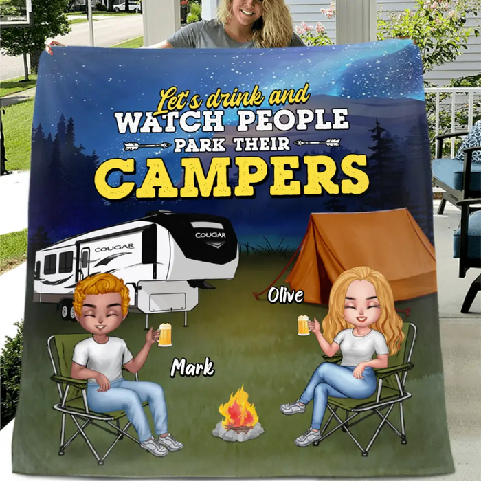 Custom Personalized Camping Friends Quilt/Fleece Blanket - Upto 7 People - Gift For Camping Lovers/Friends - Let's Drink And Watch People Park Their Campers