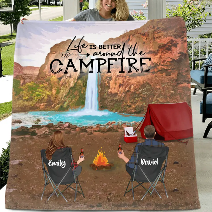 Custom Personalized Havasu Falls Camping Fleece/ Quilt Blanket - Adult/ Couple/ Parents With Upto 3 Kids And 3 Pets - Gift Idea For Family/ Camping Lover -  Life Is Better Around The Campfire