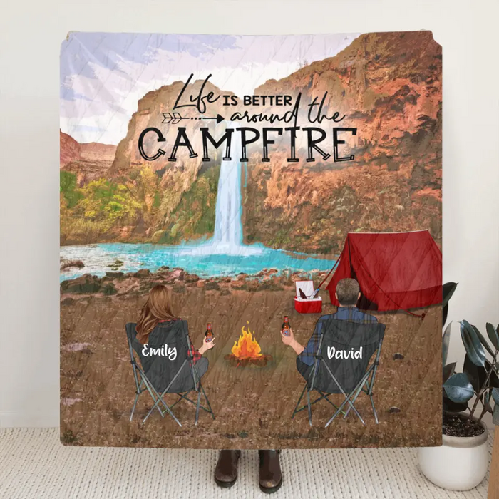 Custom Personalized Havasu Falls Camping Fleece/ Quilt Blanket - Adult/ Couple/ Parents With Upto 3 Kids And 3 Pets - Gift Idea For Family/ Camping Lover -  Life Is Better Around The Campfire