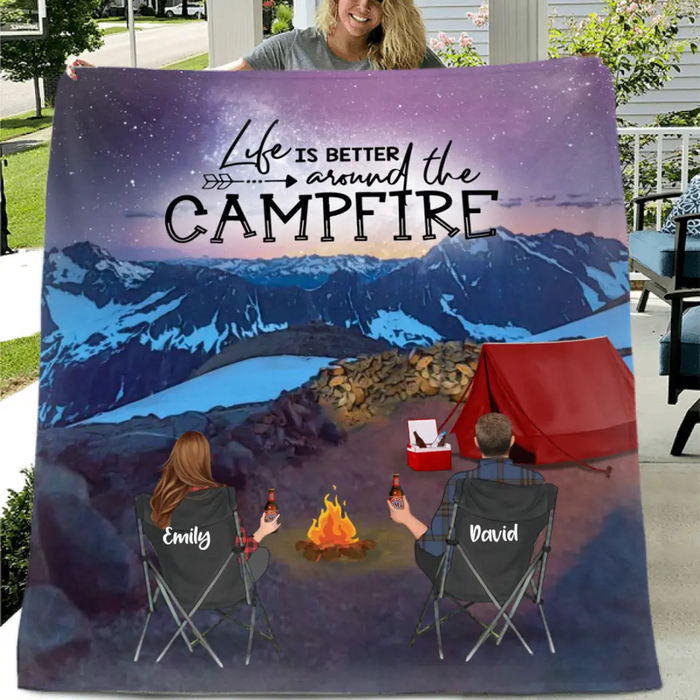 Custom Personalized Sahale Glacier Camping Fleece/ Quilt Blanket - Adult/ Couple/ Parents With Upto 3 Kids And 4 Pets - Gift Idea For Family/ Camping Lover - Life Is Better Around The Campfire