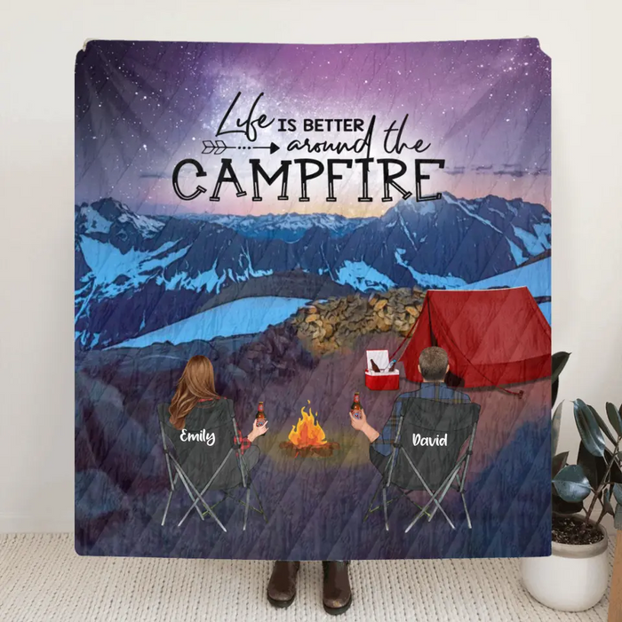 Custom Personalized Sahale Glacier Camping Fleece/ Quilt Blanket - Adult/ Couple/ Parents With Upto 3 Kids And 4 Pets - Gift Idea For Family/ Camping Lover - Life Is Better Around The Campfire