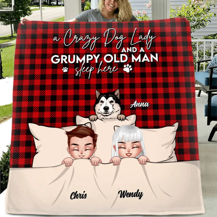 Custom Personalized Couple Quilt/Fleece Blanket - Upto 5 Dogs - Gift Idea For Dog Lovers/Couple - A Crazy Dog Lady And A Grumpy Old Man Sleep Here