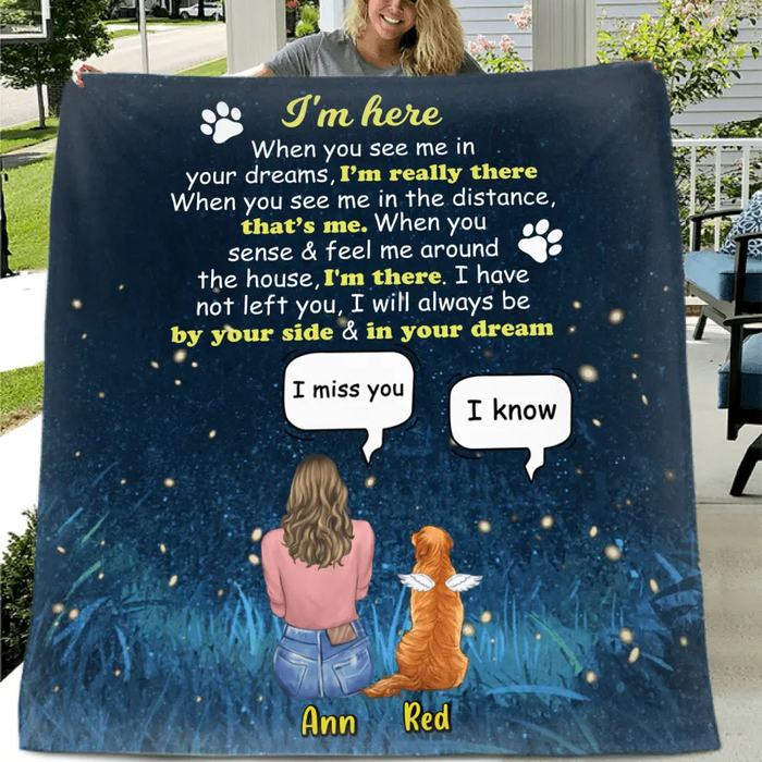 Custom Personalized Memorial Dog Mom Quilt/Fleece Blanket - Upto 4 Dogs - Gift Idea For Dog Lover - I'm Here