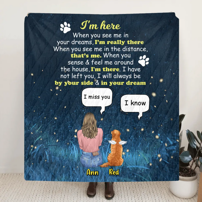 Custom Personalized Memorial Dog Mom Quilt/Fleece Blanket - Upto 4 Dogs - Gift Idea For Dog Lover - I'm Here