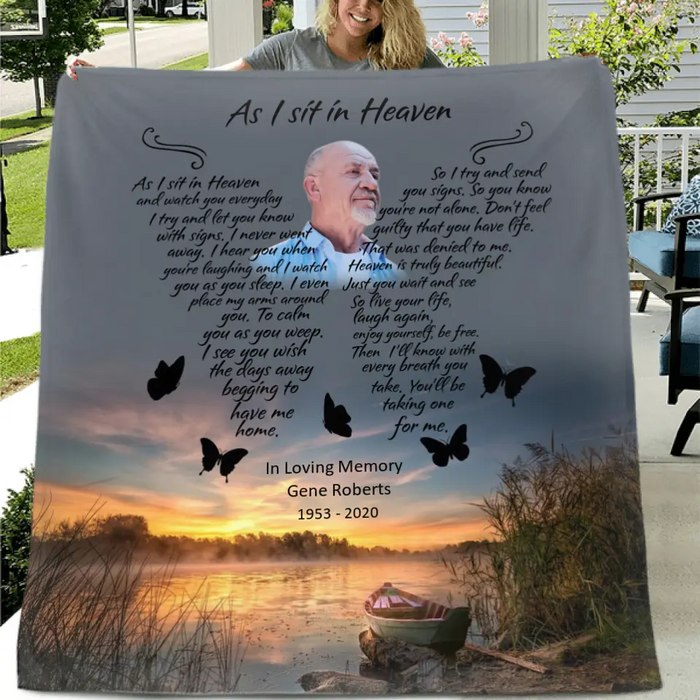 Custom Personalized Photo Memorial Single Layer Fleece/ Quilt - Memorial Gift - As I Sit In Heaven