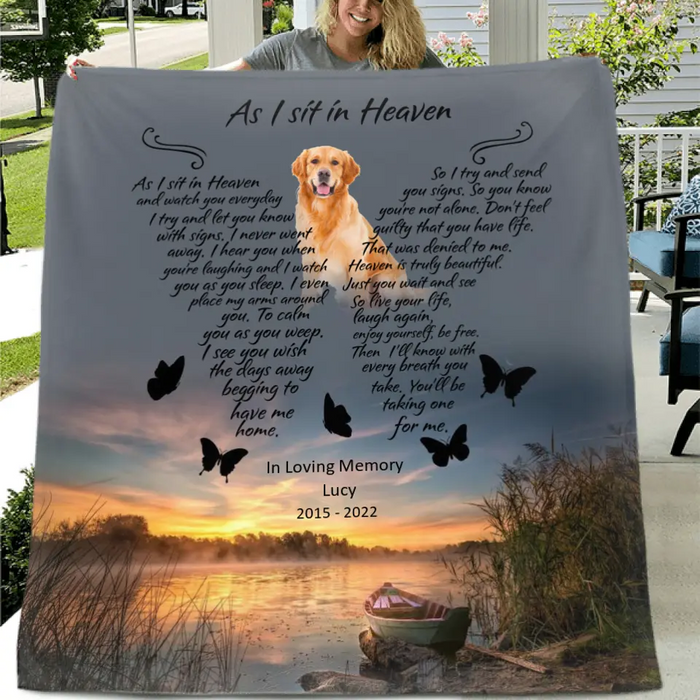 Custom Personalized Dog Photo Memorial Single Layer Fleece/ Quilt - Memorial Gift - As I Sit In Heaven