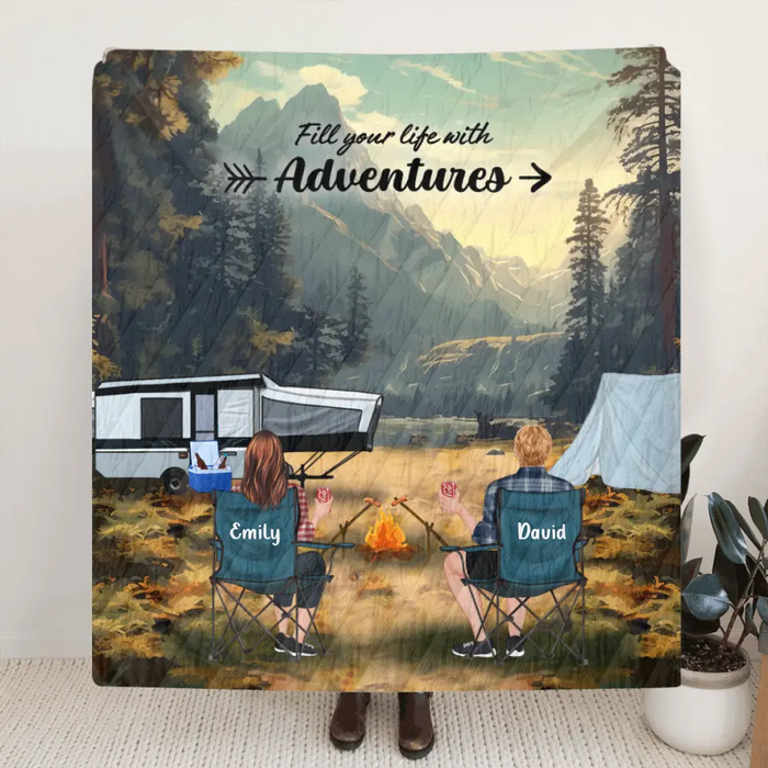 Custom Personalized Yosemite Camping Quilt/Single Layer Fleece Blanket - Gift Idea For Couple, Camping Lovers, Family - Upto 5 Kids, 4 Pets - Fill Your Life With Adventures