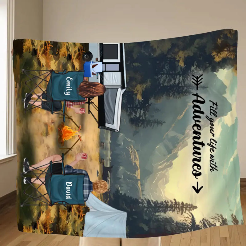 Personalized Yosemite Camping Quilt/Fleece Throw Blanket - Gift Idea For Couple, Camping Lovers, Family - Up to 5 Kids, 4 Pets - Fill Your Life With Adventures