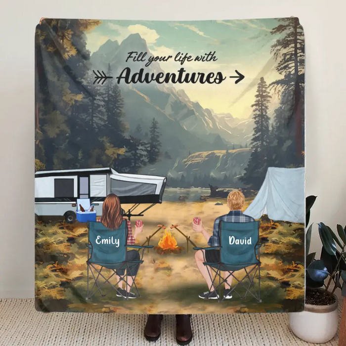 Custom Personalized Yosemite Camping Quilt/Single Layer Fleece Blanket - Gift Idea For Couple, Camping Lovers, Family - Upto 5 Kids, 4 Pets - Fill Your Life With Adventures