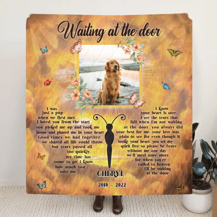 Custom Personalized Memorial Photo Fleece/ Quilt Blanket - Memorial Gift For Dog Loss - Waiting At The Door