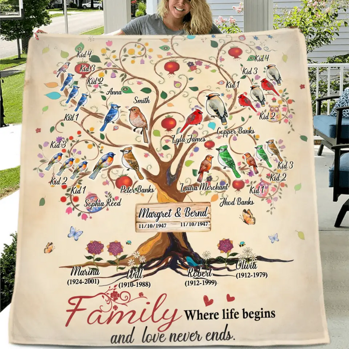 Custom Personalized Family Tree Fleece Throw Blanket/Quilt Blanket - Gift Idea For Family - Family Where Life Begins And Love Never Ends