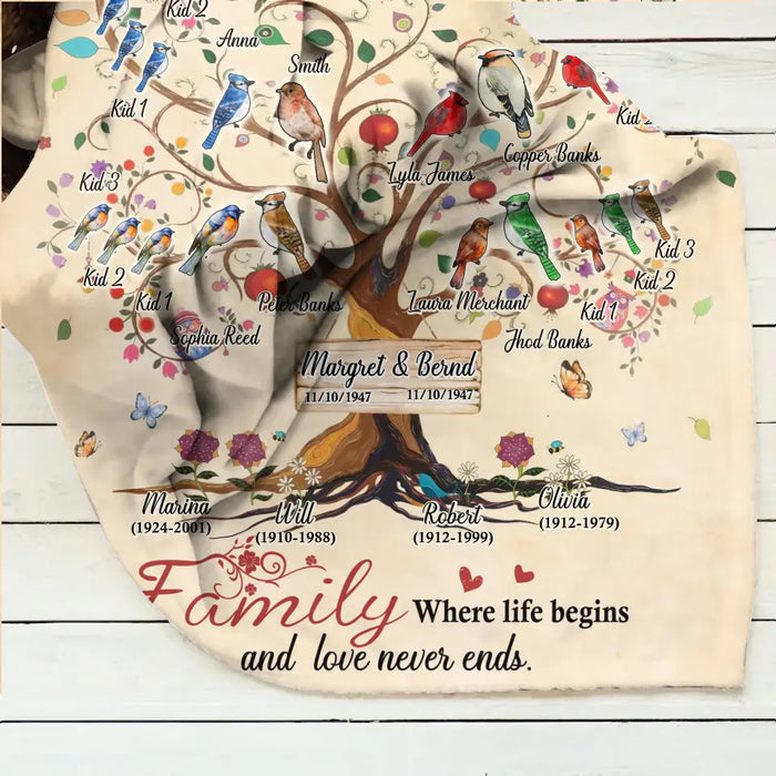 Custom Personalized Family Tree Fleece Throw Blanket/Quilt Blanket - Gift Idea For Family - Family Where Life Begins And Love Never Ends