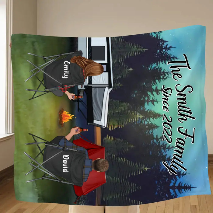 Personalized Camping Quilt/Single Layer Fleece Blanket - Gift Idea For Couple, Camping Lovers, Family - Upto 3 Kids, 3 Pets - The Family