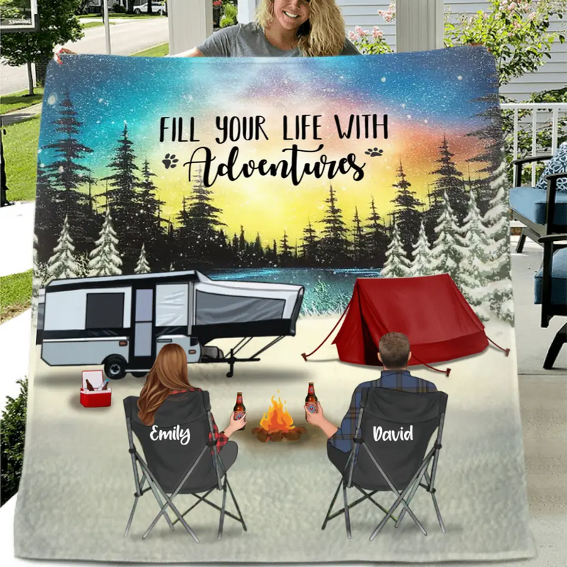 Personalized Camping Xmas Fleece Blanket/Quilt - Christmas Gift For Camping Family/Couple/Single Parent/Solo - Up to 4 Kids and 5 Pets - Fill Your Life With Adventures
